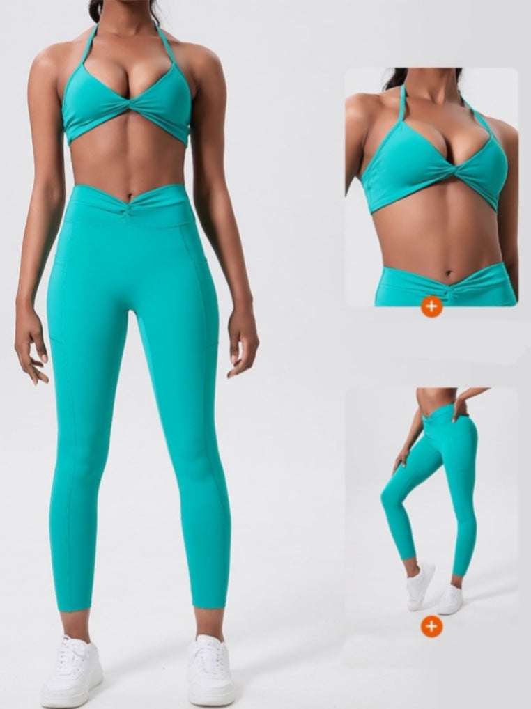Peacock Blue V-Waist Knot Design Leggings