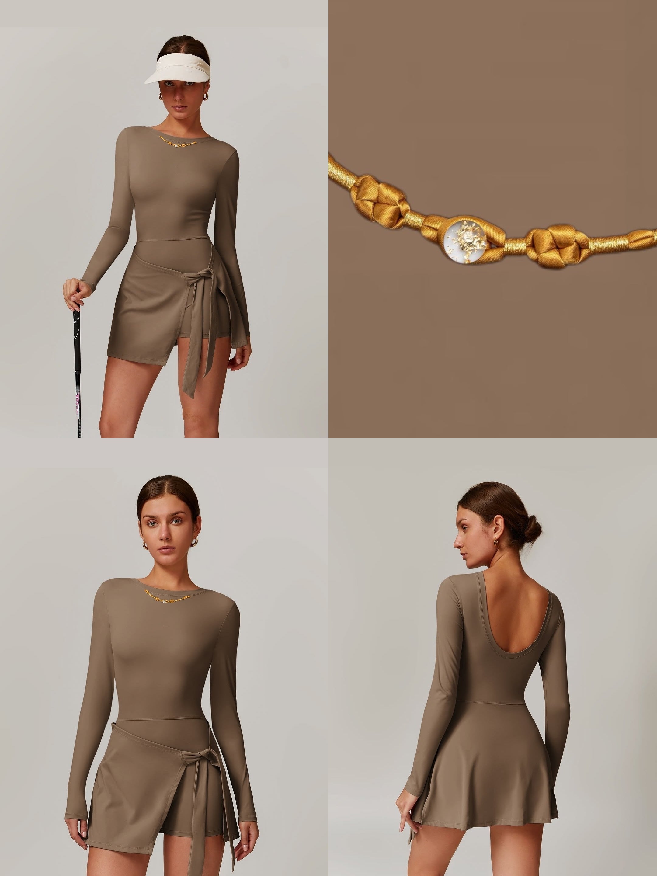 Gold Crystal Ball Button Pinecone Brown Sports Dress